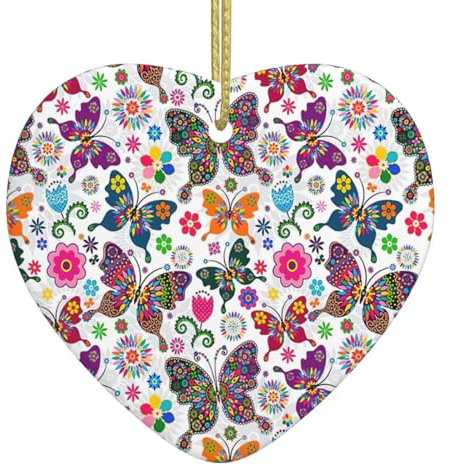 Ornamento per albero di Natale in ceramica con farfalle colorate e motivo floreale bianco