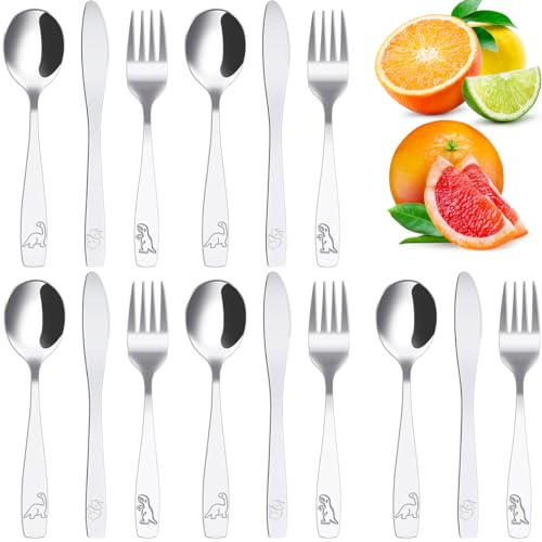 15Pcs Children's Cutlery Set 410 Stainless Steel Kids Cutlery Kit Engraved Dinosaur Pattern Kids Fork Spoon and Cutter Set Ergonomic Smooth Utensils/Flatware for Age 3+ Kid, Dishwasher Safe