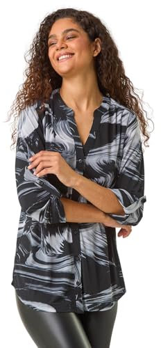 Roman Originals Shirt Top for Women UK Ladies Collarless Blouse Smart Tunic Button Through Longline Asymmetric Hem 3/4 Length Roll Up Sleeves V Neck Going Out - Grey Black - Size 12