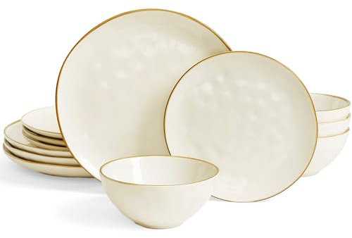 Richmount Ocean 12 Piece Dinner Set, 3D Wave Relief Irregularly Shaped Plates and Bowls Set, Dinner Sets for 4, Reactive Glaze Dinnerware Sets, Dishwasher & Microwave Safe, Stylish & Durable, Beige