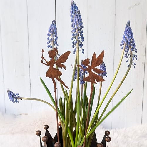 Gartenstecker Elfe Rost - 2er Set Metall Elfen Figuren - Feen Deko für Garten, Beet - Balkon - Rostdeko Gartendeko Elfenfigur