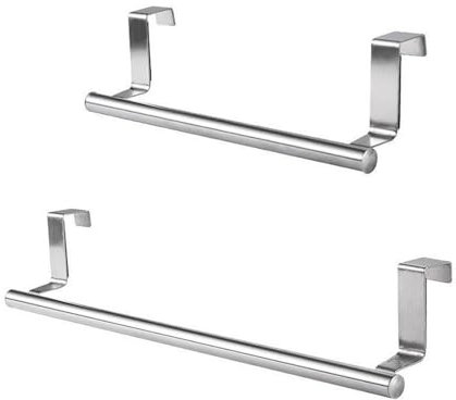MeiyiZheng 2 PCS 23cm Stainless Kitchen Over Door Towel Rail, Silver Tea Towel Holder– Heavy Duty 10kg Capacity, No Drill Installation for Kitchen, Bathroom, Cabinet (Silver, 304 Stainless Steel)