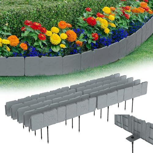 Suusolny 5M Rasenkante Stein 20 Stücke Mit Bodendornen Beeteinfassung Rasenkante Kunststoff Beetumrandung Mähkante Erdspieß Beet ideal für Gärten, Terrassen,Balkonen-Grau