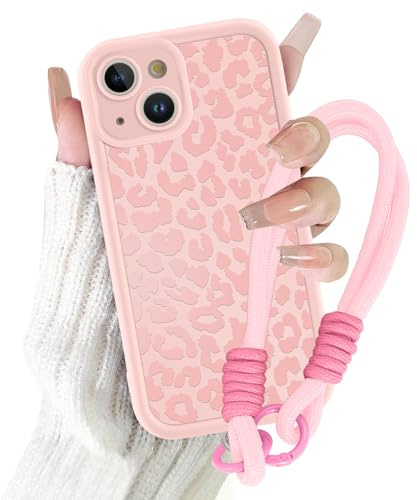 Coalbooliy Cover con Cordino per iPhone 13 6,1'', Silicone Morbido Custodia Aesthetic Leopardo Rosa Summer Mädchen Modello Disegni Collana Universale Protezione Fotocamera Protettiva Case, 03