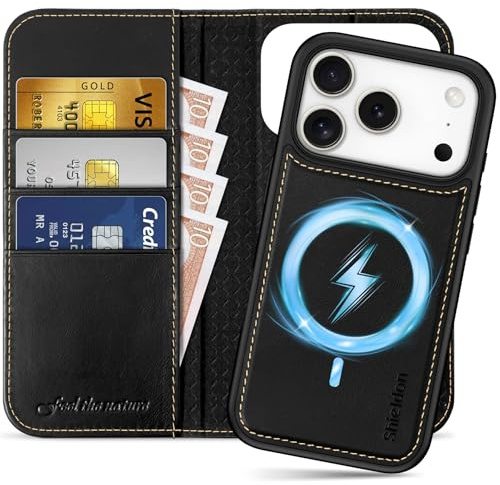 SHIELDON Hülle für iPhone 17 Pro 6,3 2025, Lederhülle Handyhülle [Abnehmbar] [Kabelloses Laden] [3 Kartenfach] [Ständer] [RFID Blocker] [Handy-Ösen] [Magnet] 2 IN 1 Case - Retro Schwarz