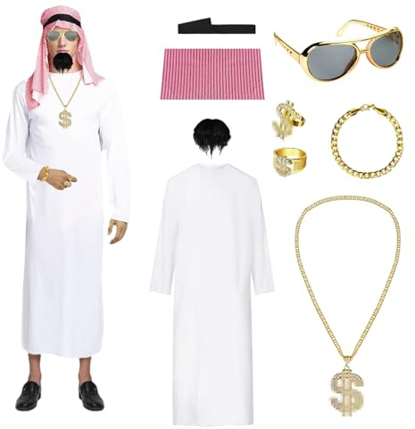 XILEPINGAN Scheich Kostüm Herren, Araber Kostüm, Arab Man Robe Cosplay Kostüm,Arabisches Weißes Gewand mit Kopftuch,Finger Ring,Halsketten,Armband,Sonnenbrillen für Party,Cosplay (XL)