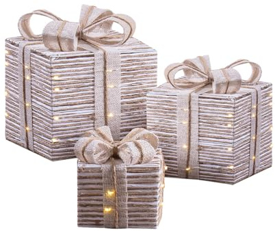 The Christmas Workshop Light-Up White & Beige Gift Boxes/Set of 3 Different Sizes/Warm White LED Lights/Timer Function/Battery Powered (74469)