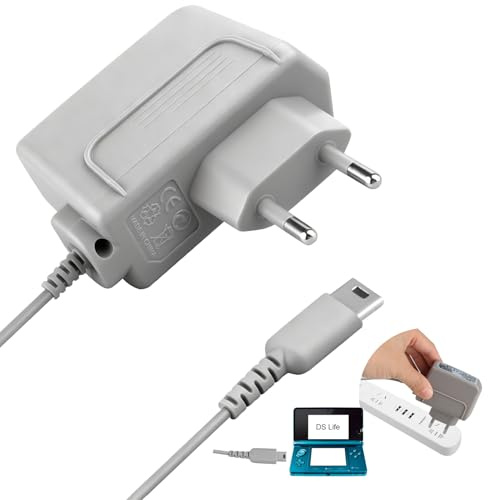 Consolas Adaptador de Alimentación Compatible para DS Lite, Enchufe Europeo | Cargador para DS Lite, Cable eléctrico, Carga rápida, Cable de alimentación de Cargador de Pared 1,1m (Gris)