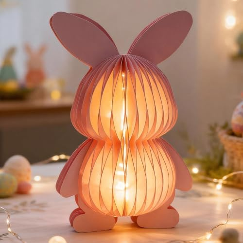 Osterdeko Papier Osterhasen, Magnetisch Wabenpapier Hase Ostern Deko mit 2m20 LED Osterhasen Papier Hase Waben Osterdekoration Innen Wiederverwendbare Osterhase Figuren Für Tisch Frühling (17cm,Rosa)