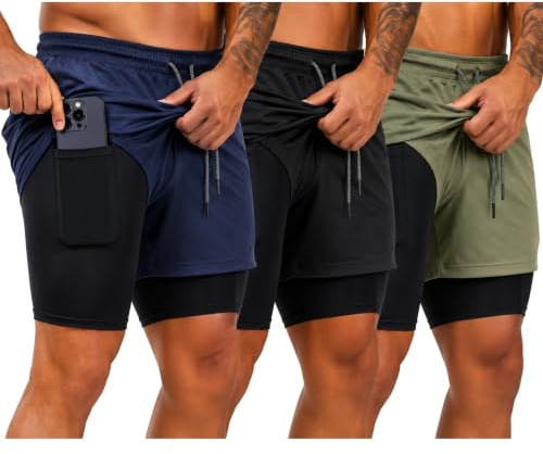 Pack de 3 Pantalones Cortos Hombre Deporte 2 en 1 con Malla integrada | 4 Bolsillos, Cinta Trasera Portatoallas, Resistentes, Transpirables, de Secado Rápido, Gym, Crossfit, Running, Padel