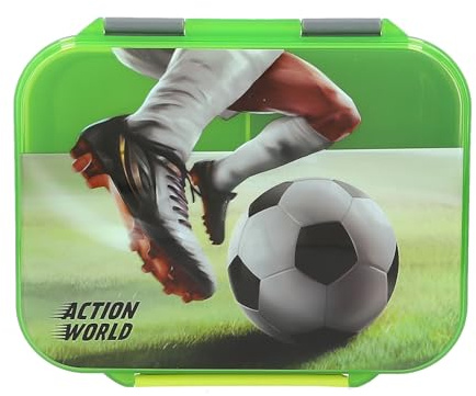 Depesche 14186 Action World Fußball - Brotdose in Grün, mit Fußball Motiv, Lunchbox mit 3 Fächern und Klappdeckel