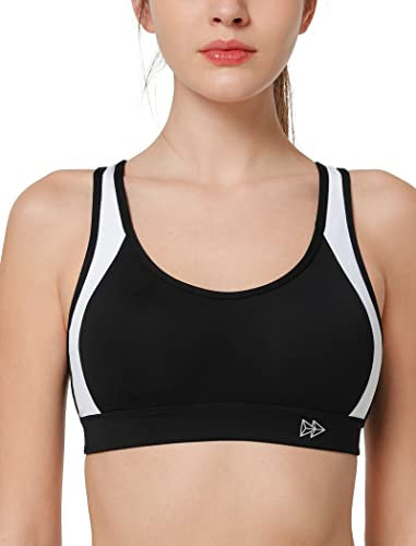 Yvette Damen Sport BH Starker Halt Große Brüste Gekreuzt Rücken Ohne Bügel Gepolstert für Fitness Lauf Yoga, Schwarz/Weiß, 80C
