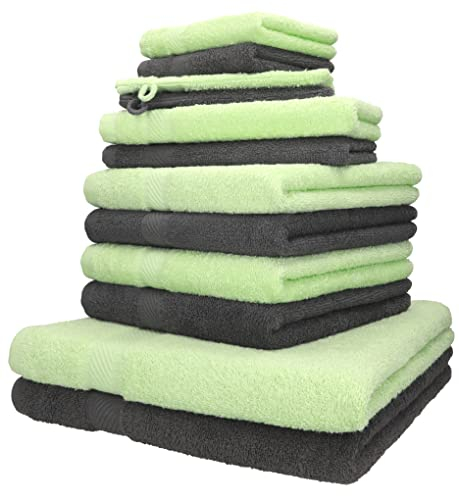 Betz 12-TLG. Handtuch-Set Palermo 100% Baumwolle 2 Liegetücher 4 Handtücher 2 Gästetücher 2 Seiftücher 2 Waschhandschuhe Farbe grün und anthrazit