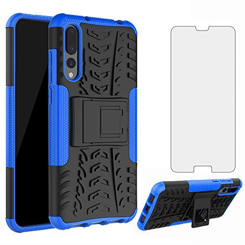 Asuwish Funda para Huawei P20 Pro con Cristal Templado Protector Pantalla Vidrio Pelicula Protectora Soporte Silicona TPU Hawaii P 20 20Pro CLT-L29 CLT-L09 Móvil Tapa Carcasa Case Hombre Mujer Azul