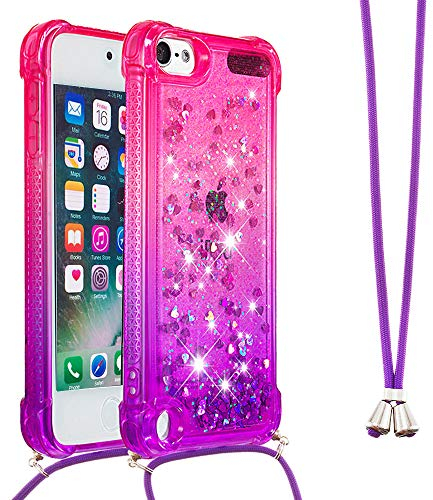Handykette Handyhülle für iPod Touch 5 / 6 / 7 Hülle,Glitzer Quicksand kreatives Fließende Flüssigkeit schwimmt Silikon Case mit Umhängeband Handykordel Band Kette für iPod Touch 5,YB GS Pink Purple