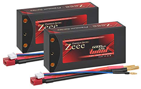 Zeee Premium Series 2S Lipo Battery 6000mAh 7.6V 120C Shorty Hard case with 4mm Bullet to T Connector High Voltage Battery for RC 1/10 Scale Vehicles Car Trucks Boats RC Models (2 Pack)