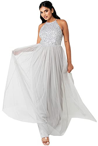 Maya Deluxe Women's Pailletten Cocktailkleid Damen Tüllkleid Kleid Nackenband Abendkleid Elegant für Hochzeit Brautjungfernkleid Bridesmaid Dress, Soft Grey, EU 48(UK 20)