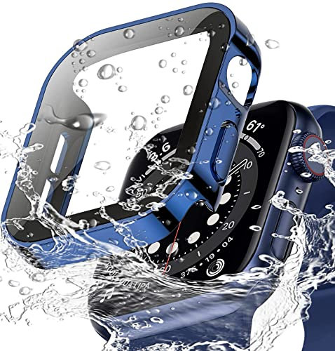 Miimall Custodia per Apple Watch Serie 9/8/7 45mm, PC Case Antiurto, Protettore Dello Schermo in Vetro Temperato, Copertura Impermeabile ad Angolo Retto per Apple Watch 45mm Series 9/8/7, Blu