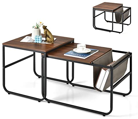 COSTWAY Set of 2 Nesting Tables, Industrial Stackable Coffee Tea Table with Magazine Holder Sling, Metal Frame Sofa Side End Table for Living Room, Bedroom and Office (Rustic Brown+Black)