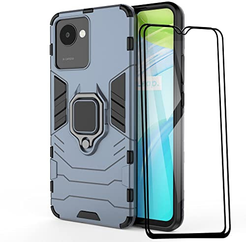 ESTH® Kompatibel mit Realme C30/Narzo 50i Prime Hülle mit 2 Pack Panzerglas [Strapazierfähig] Ring Ständer Case [für Handyhalterung Auto Magnet] Militär Stoßfest Handyhülle, Blau