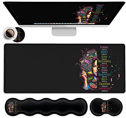 Extended Large Mouse Pad+Keyboard Wrist Rest Support , Ergonomic Memory Foam Wrist Rest, 4Pcs (31.5×11.8 in) Desk Pad Set for Home Office Anime African American Woman, XXL Gaming Black Mouse Pad