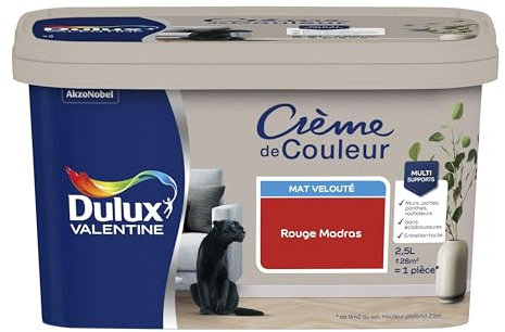 Dulux Valentine Crème de Couleur - Peinture multi-supports intérieure - Mat Rouge Madras 2,5 L
