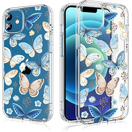 Losvick iPhone 12 Case, iPhone 12 Pro Case, Butterfly Flower Pattern Hard PC + Shockproof TPU Bumper for Girls and Women iPhone 12/12 Pro Case - 6.1 Inch - Blue Butterfly