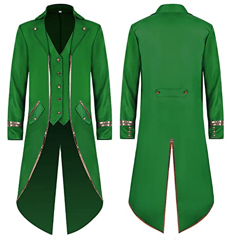 FYMNSI Herren Gothic Steampunk Frack Mantel M?nner Langes Smoking Mittelalter Viktorianischen Retro Jacke mit Waistcoat Uniform Karneval Fasching Halloween Kost?m Party Cosplay 2# Gr?n S