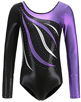 M?dchen Metallic Turnanzug Langarm Gymnastik Tanzbody Gl?nzende Leotard mit Strass Trikot Turnkleidung Tanzkost?m Gymnastikanzug Trikot Kinder Gymnastikbody Gym Kleidung Trikotanzug Lila 10-11 Jahre
