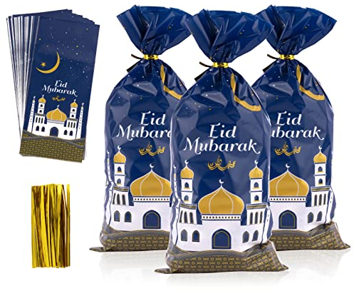 COLOFALLA 100 Stück Ramadan Tüten zum Befüllen Cellophantüten Eid Mubarak Deko Transparent Ramadan Geschenktüten Zellophantüten Muslim Islamische Gastgeschenke Verpackung Dekoration (B)