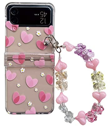 Coque Galaxy Z Flip 4 avec Chaîne, CrazyLemon Coque Transparente Portable avec Charnière Cover Rigide Housse pour Samsung Galaxy Z Flip 4 5G 2022 pour Femme Fille - Amour Rose