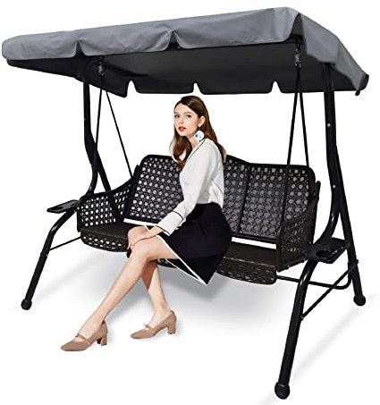 Outdoor Patio Swing Chair Canopy Replacement, 3 Seater Porch Swing Seat Canopy Cover, Waterproof Windproof Anti-UV Heavy Duty Rip Proof Garden Hammock Top Cover, Garden Furniture Covers (Grey, Large)