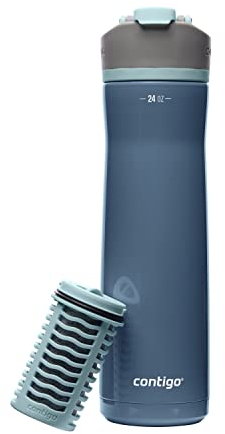 Contigo Clybourn Chill Freeflow Filtration Edelstahl-Wasserflasche mit auslaufsicherem Deckel, 680 ml, gefilterte Wasserflasche mit Kohlefaserfilter, hält bis zu 6 Monate, dunkles Eis