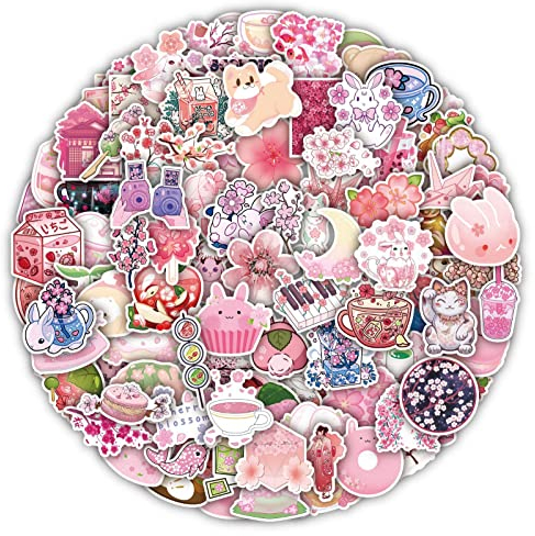 Bric Dodo 100 Stück Sakura Aufkleber Auto Laptop Telefon Gitarre Skateboard Motorrad Fahrrad Pink Sakura Stickers Set Vinyl Wasserdicht Aesthetic Aufkleber für Jugendliche Kinder Erwachsene