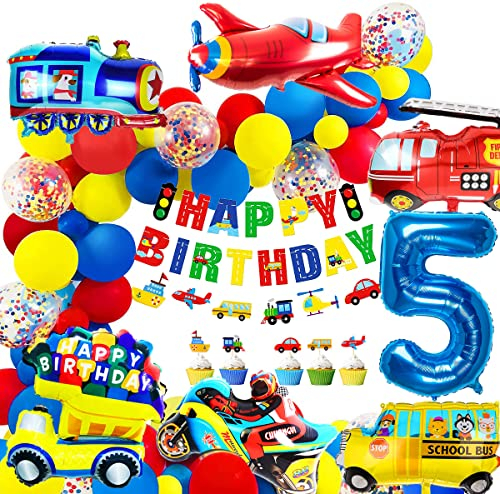 iZoeL Geburtstagsdeko Jungen 5 Jahr Folienballon Kindergeburtstag Deko Feuerwehrfahrzeuge Truck Happy Birthday Banner Girlande Cars Motorrad Luftballons Tortendeko 32pcs Ballons Kindergeburtstag Party