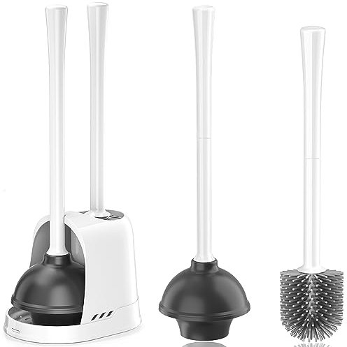 Toilet Plunger and Brush, Silicone Bowl Brush and Heavy Duty Toilet Plunger Set with Ventilated Holder, 2-in-1 Toilet Brush and Plunger Combo for 5.3-inch Bathroom Cleaning (White, 1 Set)