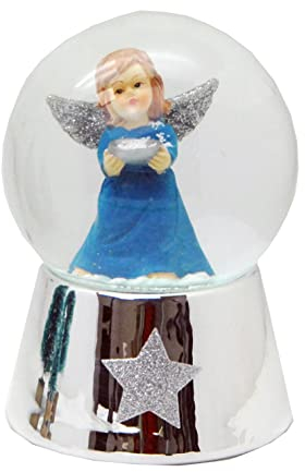 Schneekugel mit Musik | Engel blau mit Schale Silber | Sockel Silber mit Sternen | H: 140mm B: 100mm | Schüttelkugel mit Spieluhr | 20220