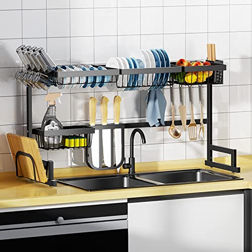 WestUx Scolapiatti da Appoggio in Acciaio Inossidabile,Scolapiatti con Porta Utensili Porta Tazze Di Grande Capacità Nero Per Organizer Da Cucina,A,105x32x52cm(41x13x20inch)