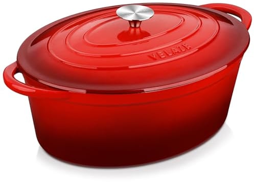 Velaze 7,5 QT emaillierter ovaler Dutch Oven Topf mit Deckel, Gusseisen-Dutch Oven mit zwei Griffen zum Brotbacken, Kochen, Braten, antihaftbeschichtetes Kochgeschirr (rot)
