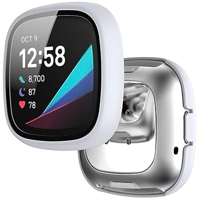 Hülle mit Glas Displayschutz Kompatibel mit Fitbit Sense/Versa 3 Smartwatch - Hart PC Schutzhülle Vollschutz Kratzfest Display Schutzfolie Ultradünne Schutz Case für Fitbit Sense/Versa 3 (Weiß)