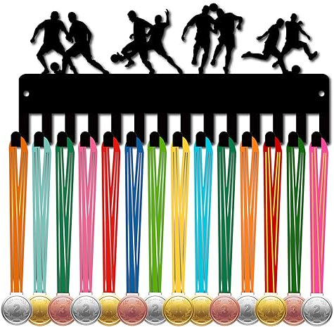 CREATCABIN Porta Medaglie da Calcio Appendiabiti per Medaglie da Calcio Espositore per Sport Appeso Atleta Premi Decorazione per Montaggio A Parete in Ferro con 14 Gancio per Competizione 29x13cm