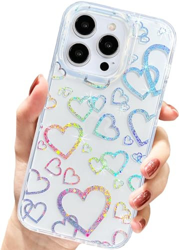 AMART for iPhone 15 Pro Case Cute, Clear Glitter Case with Laser Love Heart Design,Soft TPU Shockproof Bumper Hard PC Back Women Girls Protective Phone Cover for iPhone 15 Pro(6.1 inch)