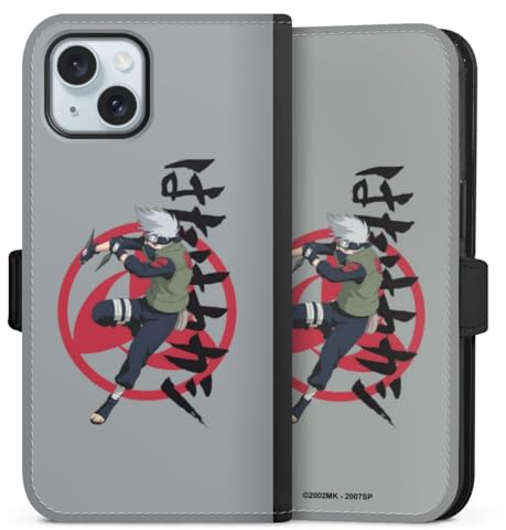 DeinDesign Klapphülle kompatibel mit Apple iPhone 15 Handyhülle aus Kunst Leder schwarz Flip Case Naruto Shippuden Kakashi Offizielles Lizenzprodukt