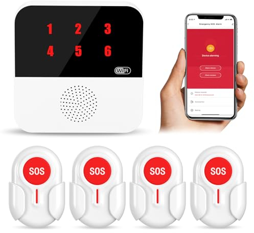 ChunHee Senioren Notruf Tuya WiFi Smart Notrufklingel Alert System für ältere Patienten Behinderte,Kinder 1 SOS Notrufknopf 1 Empfänger (4 Knopf + 1 Empfänger (Wiederaufladbares))