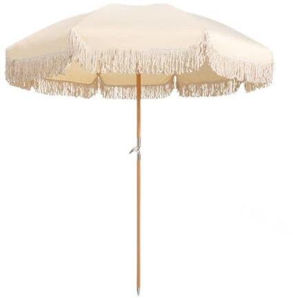 Generic 200cm Sombrilla de Jardín Vintage con Flecos, Sombrilla de Sol Portátil UPF50+, Sombrilla de Mercado Ligera para Playa Camping Deportes Balcón