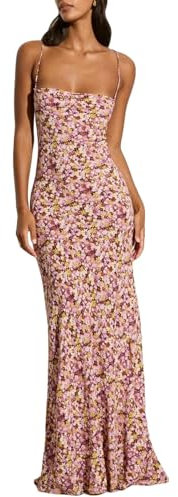 Damen Maxikleid mit Blumenmuster zum Binden, ärmellos, Cocktailkleid, figurbetontes, langes Kleid mit Spaghettiträgern, Violett, S