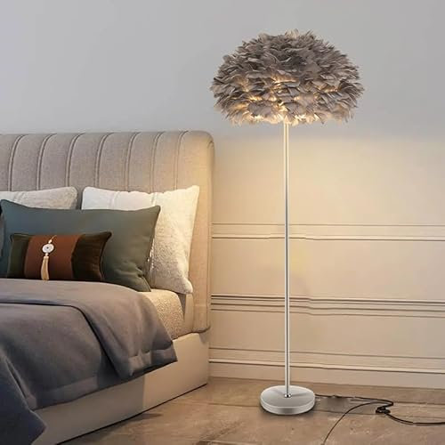 Kariosid Natural Goose Feather Floor Lamp,Modern Bedroom and Living Room Standing Lampm,59in Grey minimalist Feather Floor Lamp for Dining Roomm,Kitchen,Office(E26 Lamp Holder Pedal Switch)