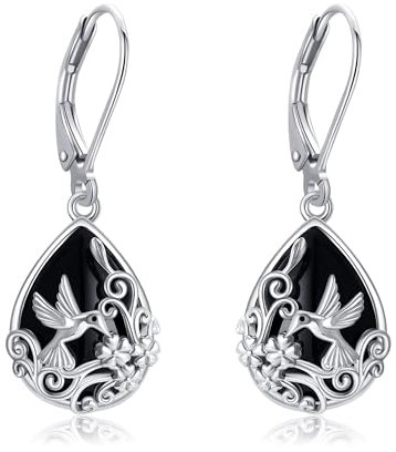 ONEFINITY Kolibri Schwarzer Onyx Ohrringe 925 Sterling Silber Schwarzer Onyx Ohrhänger Filigraner Kolibri Schmuck Geschenk für Damen