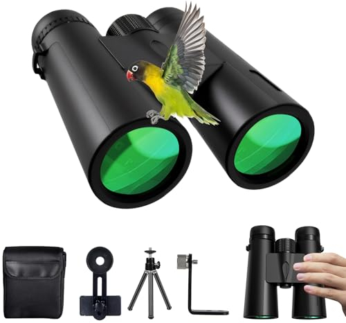 Olycism Binocolo 12X42 HD FMC BAK4 Prism binocolo per adulti con borsa per il trasporto, supporto per smartphone, treppiede, impermeabile, adatto per birdwatching, caccia, concerti, partite di calcio