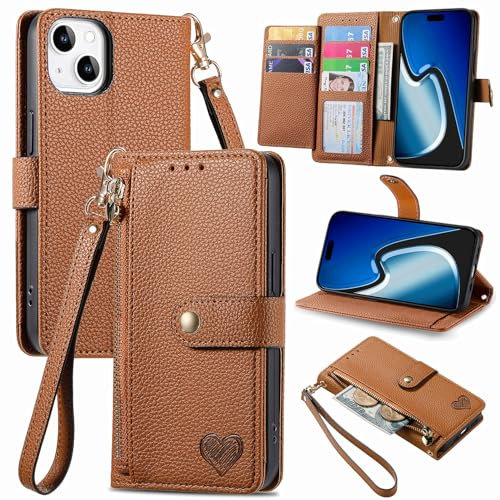 VEEMOS Zipper Wallet Case for Apple iPhone 15 Plus Phone Case with Purse Card Holders RFID Blocking Leather Flip Case Book Cover Wrist Strap Women - Brown